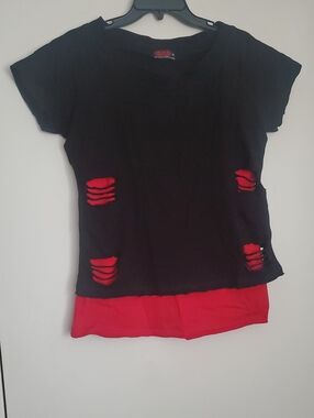 Spiral Direct Black Distressed Layered Tee with Red Underlay Tank Top